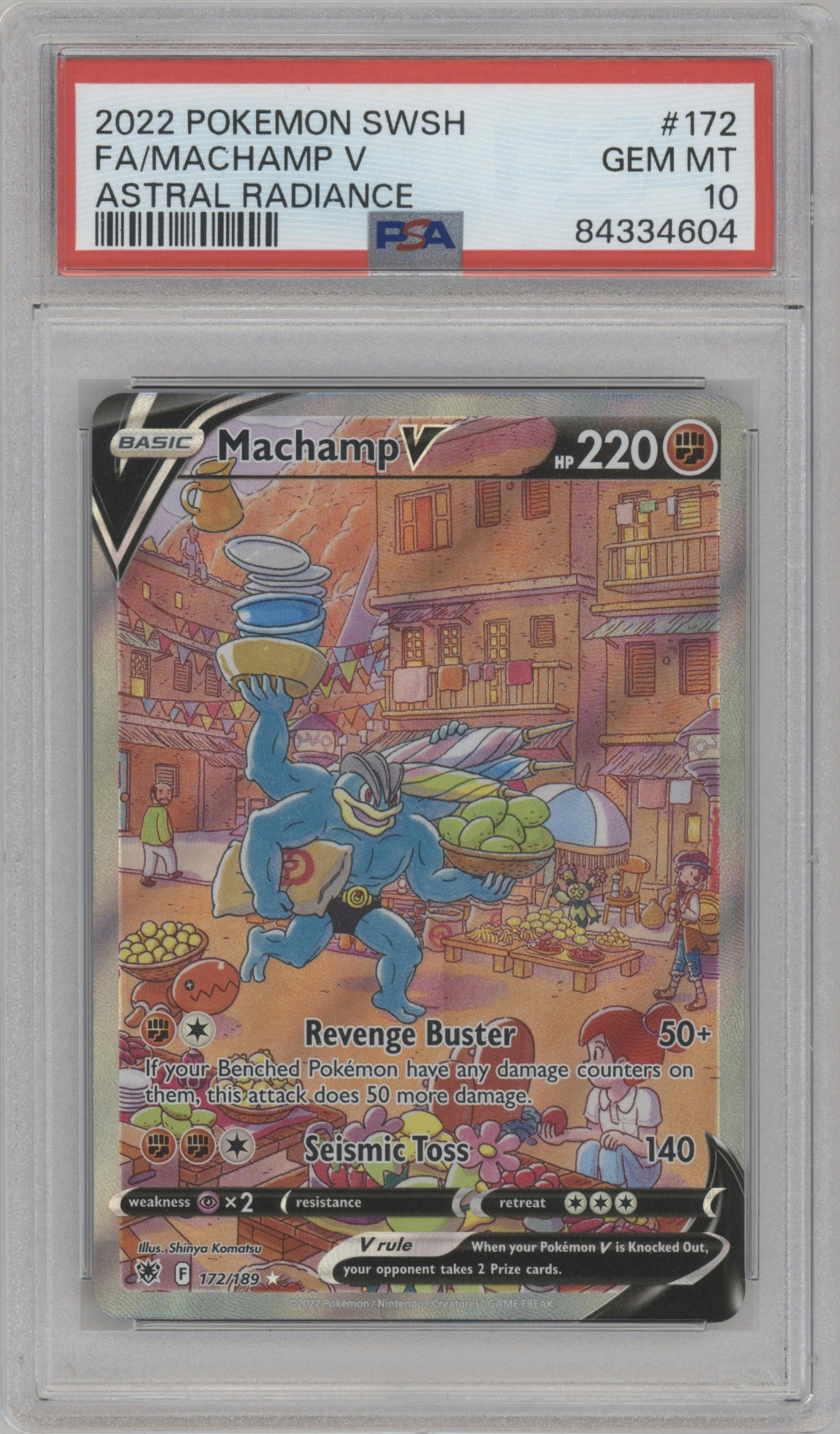 Machamp V from the 2022 Pokemon SWSH set graded by PSA and given an overall grade of 10.