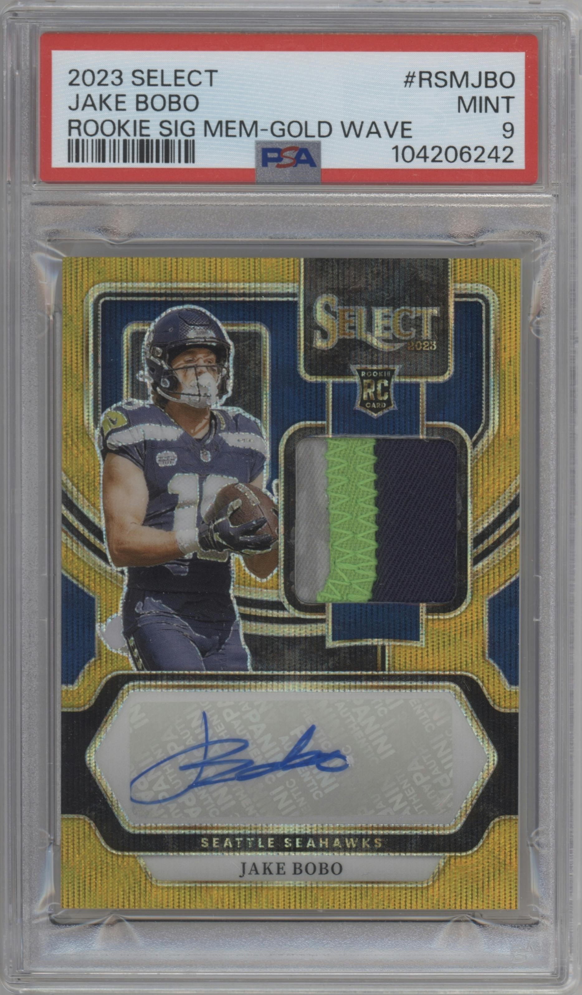 Jake Bobo from the 2023 Panini Select set featuring a Gold Wave Prizm parallel graded by PSA and given an overall grade of 9.