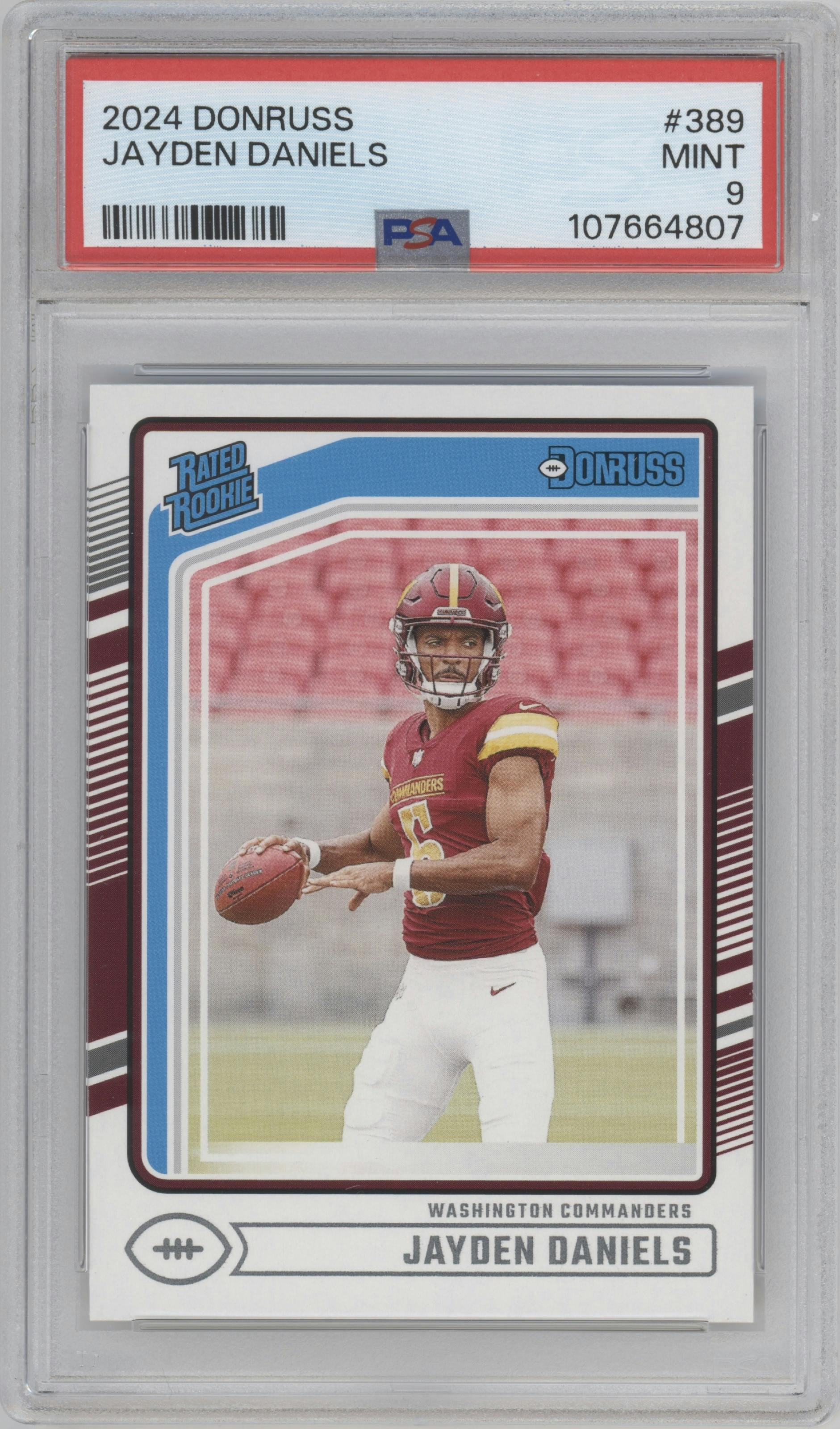 Jayden Daniels from the 2024 Donruss set graded by PSA and given an overall grade of 9.