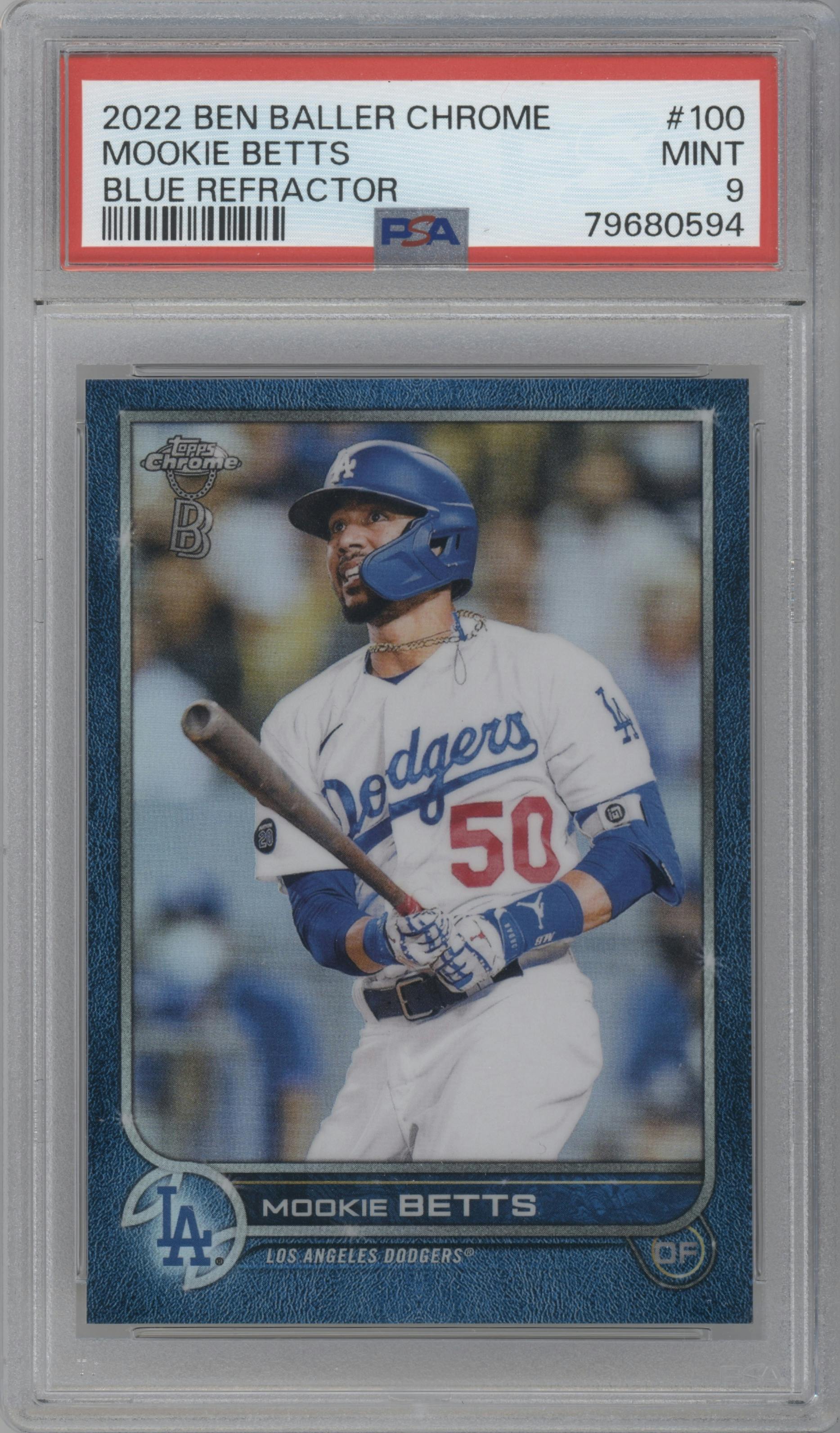 Mookie Betts from the 2022 Topps Chrome Ben Baller set featuring a Blue Refractor parallel graded by PSA and given an overall grade of 9.