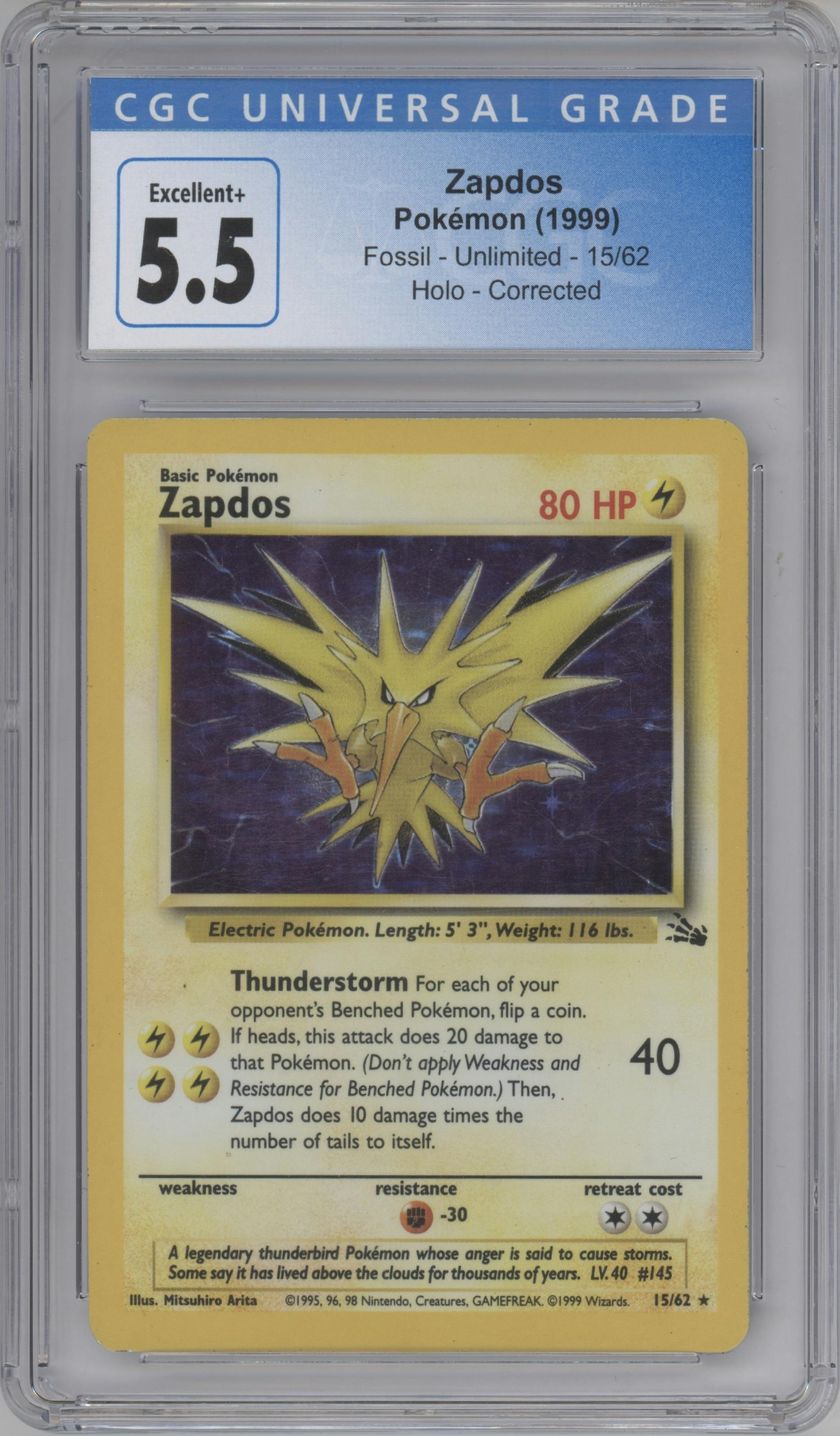 Zapdos from the 1999 Pokemon set graded by CSG and given an overall grade of 5.5.