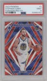 Stephen Curry from the 2023-24 Panini Phoenix set featuring a Red Ice parallel graded by PSA and given an overall grade of 9.