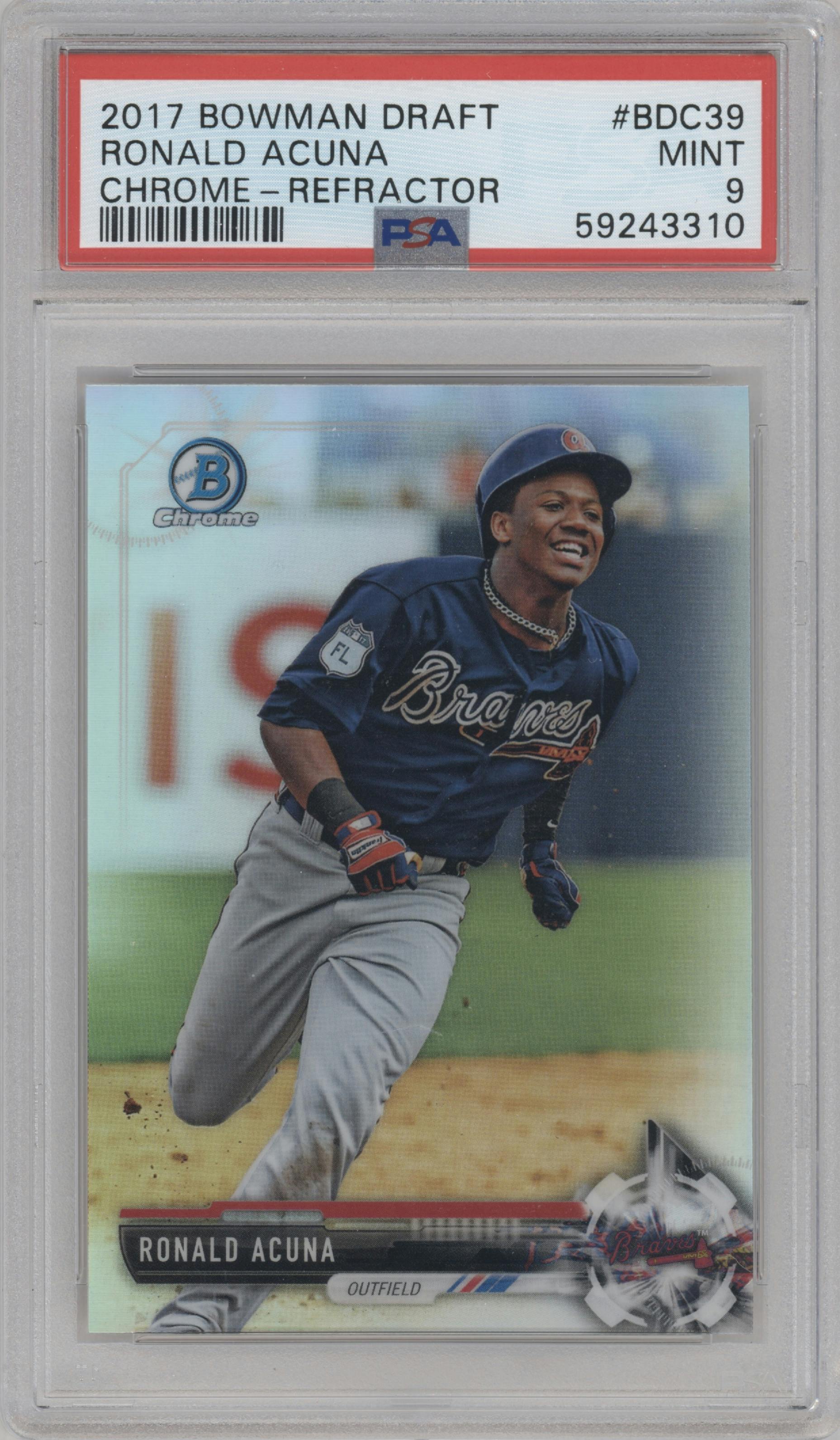 Ronald Acuna from the 2017 Bowman Draft set featuring a Refractor parallel graded by PSA and given an overall grade of 9.