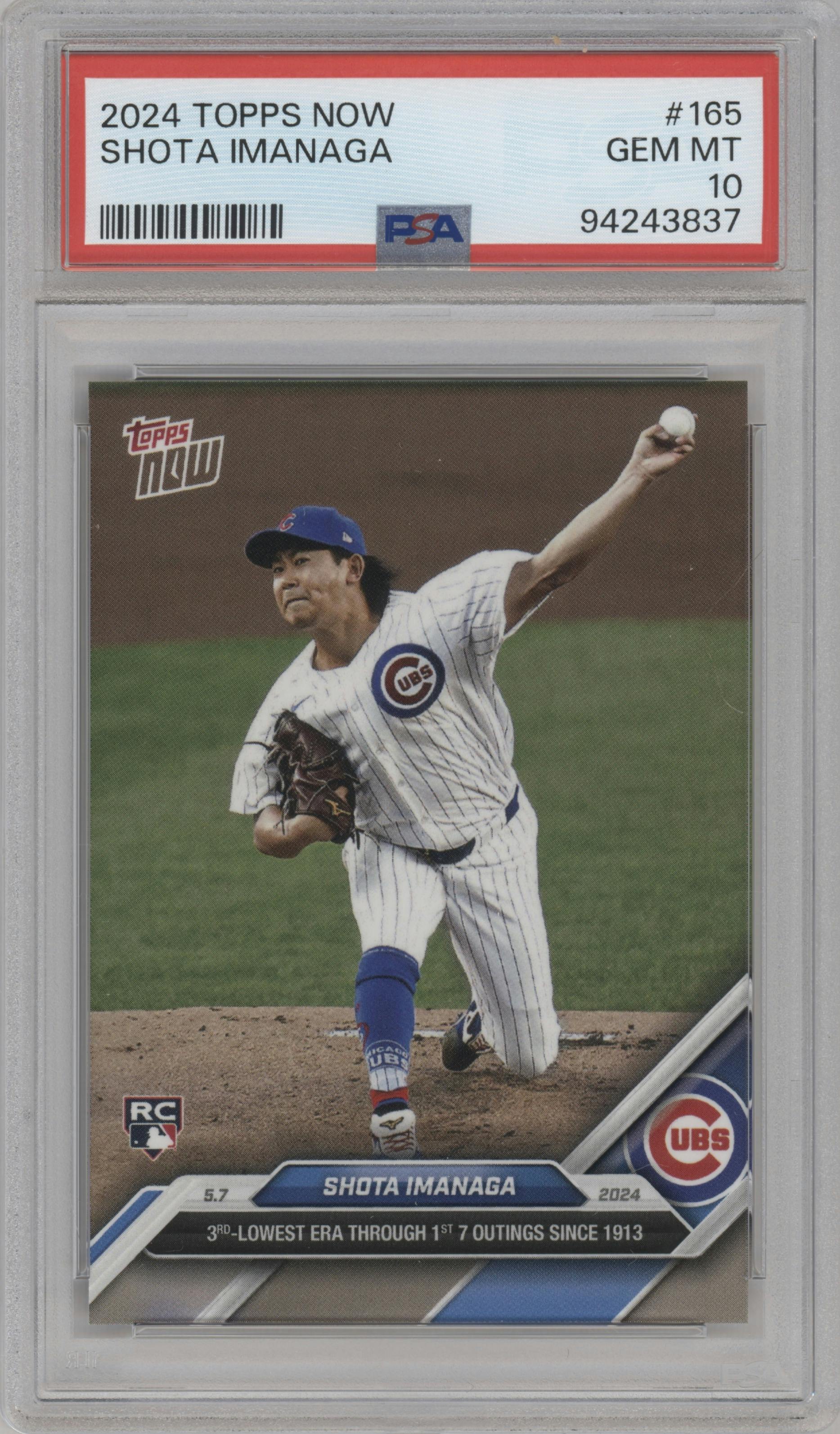 Shota Imanaga from the 2024 Topps Now set graded by PSA and given an overall grade of 10.