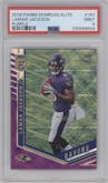 Lamar Jackson  from the 2018 Panini Donruss Elite set featuring a Rookie Purple parallel graded by PSA and given an overall grade of 9.