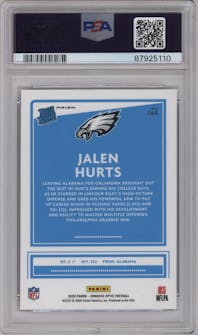 Jalen Hurts from the 2020 Panini Donruss Optic set featuring a Pink parallel graded by PSA and given an overall grade of 10.