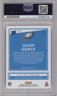Jalen Hurts from the 2020 Panini Donruss Optic set featuring a Pink parallel graded by PSA and given an overall grade of 10.