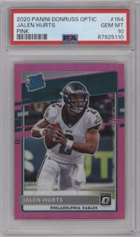 Jalen Hurts from the 2020 Panini Donruss Optic set featuring a Pink parallel graded by PSA and given an overall grade of 10.