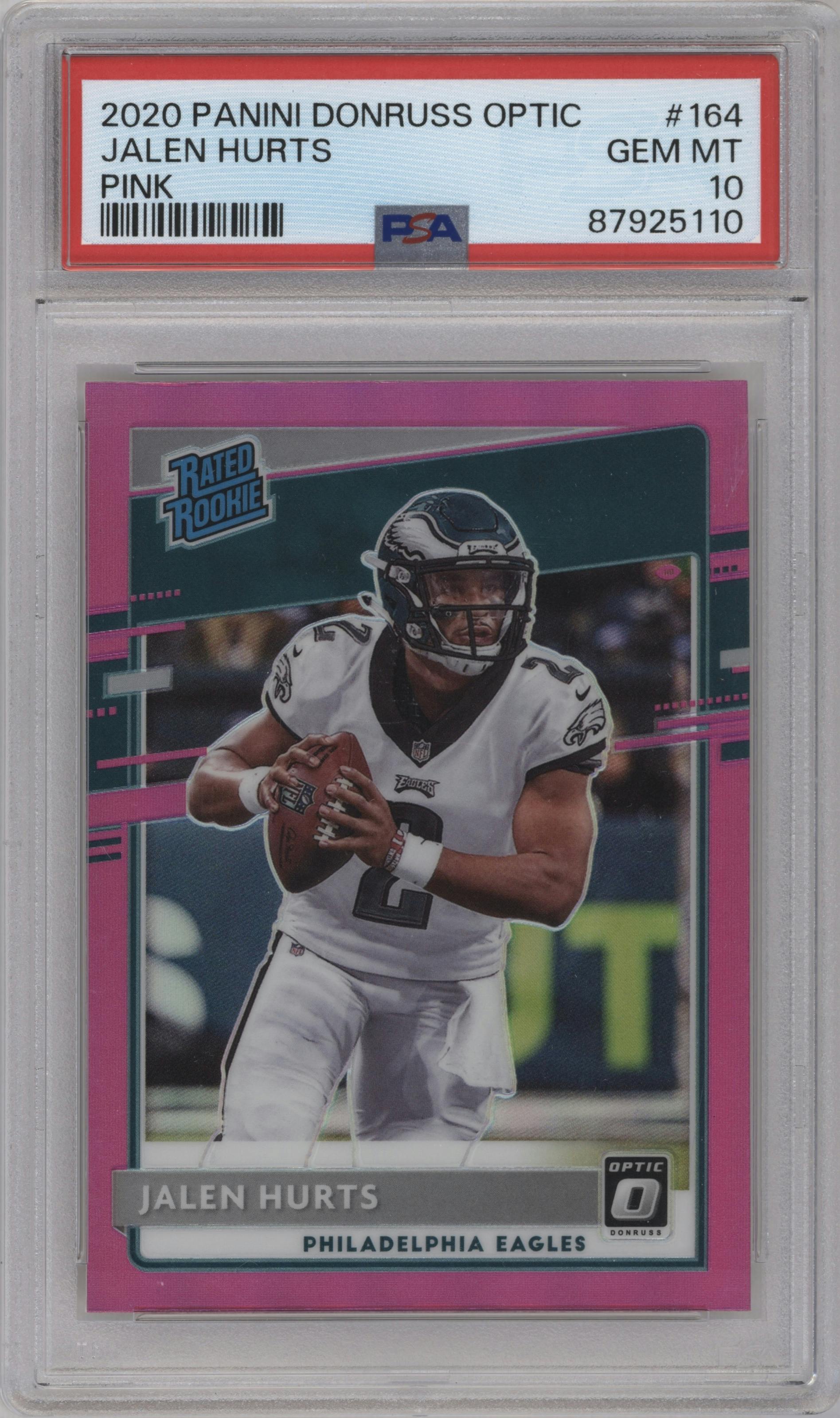 Jalen Hurts from the 2020 Panini Donruss Optic set featuring a Pink parallel graded by PSA and given an overall grade of 10.