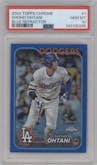 Shohei Ohtani from the 2024 Topps Chrome set featuring a Blue Refractor parallel graded by PSA and given an overall grade of 10.