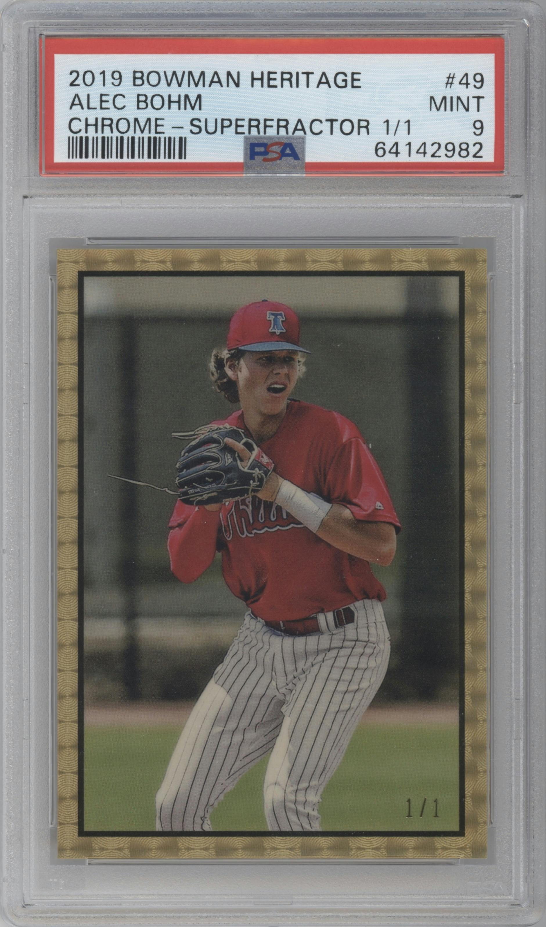 Alec Bohm from the 2019 Bowman Heritage set featuring a Superfractor parallel graded by PSA and given an overall grade of 9.