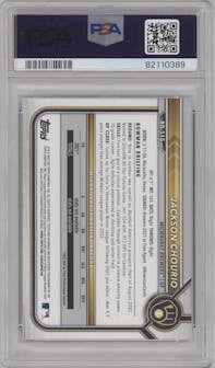 Jackson Chourio from the 2022 Bowman Draft 1st Edition set graded by PSA and given an overall grade of 10.
