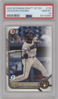 Jackson Chourio from the 2022 Bowman Draft 1st Edition set graded by PSA and given an overall grade of 10.