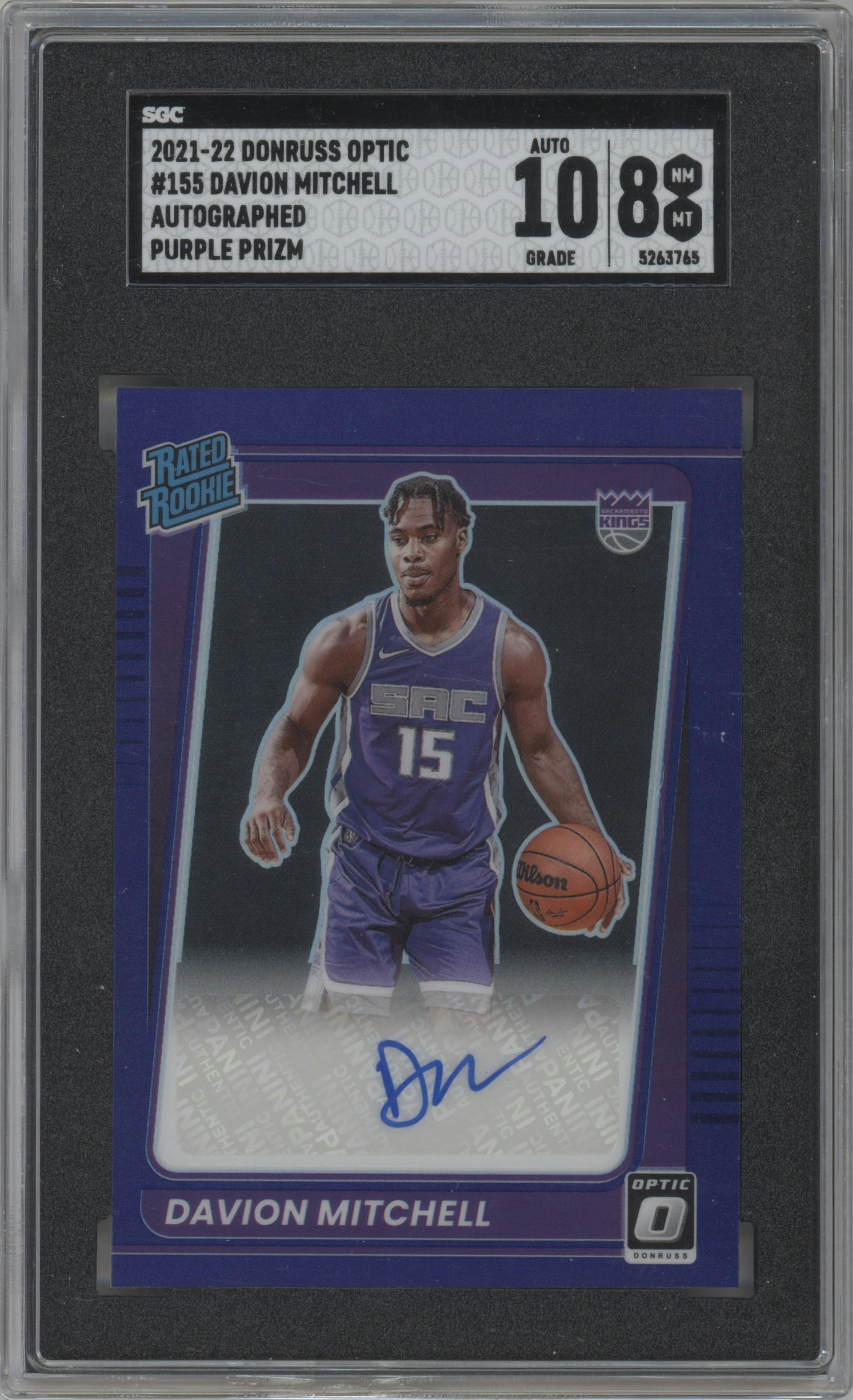 Davion Mitchell  from the 2021-22 Panini Donruss Optic set featuring a Purple parallel graded by SGC and given an overall grade of 8.