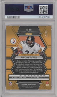 Jerome Bettis from the 2023 Panini Mosaic set featuring a Orange Fluorescent parallel graded by PSA and given an overall grade of 10.