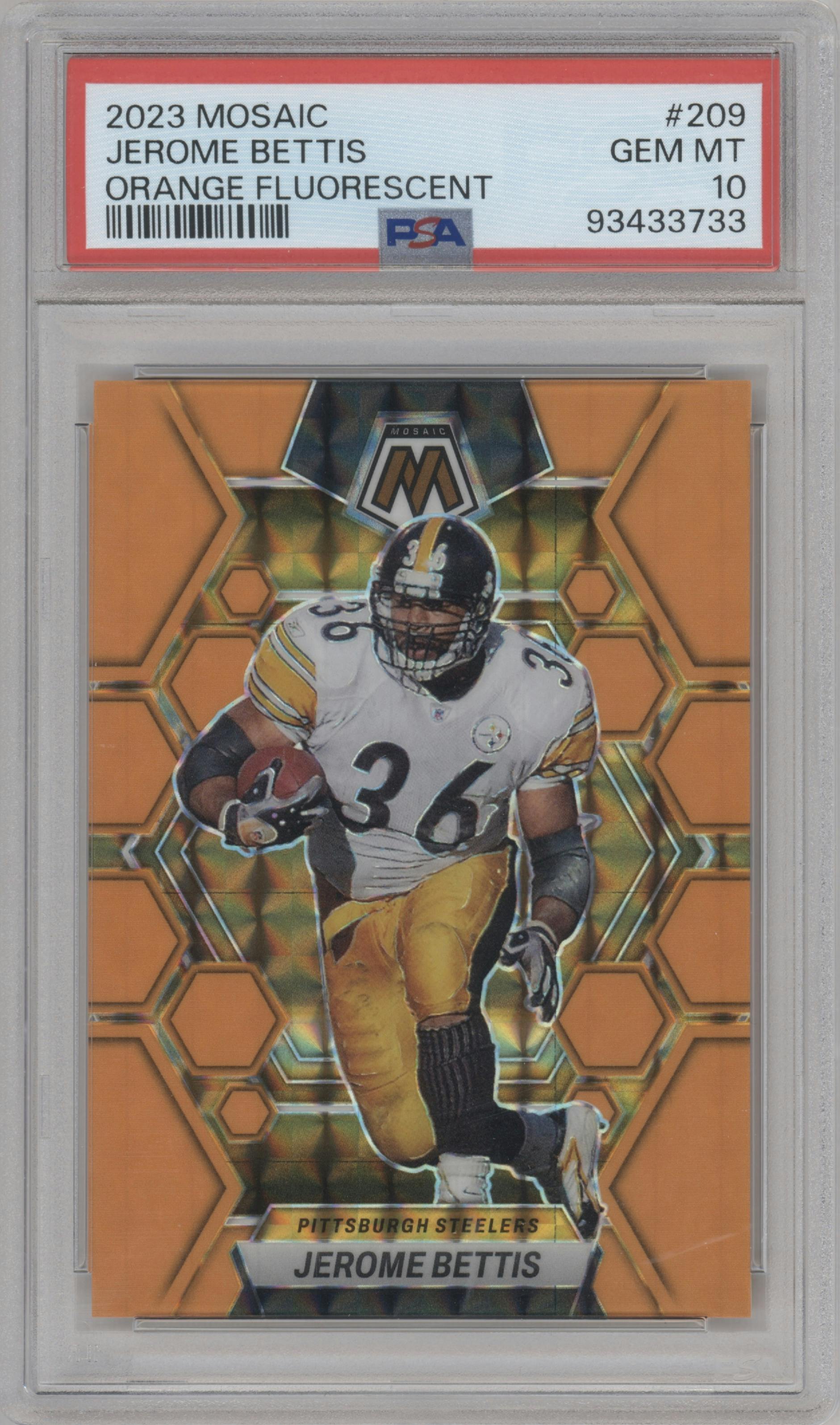Jerome Bettis from the 2023 Panini Mosaic set featuring a Orange Fluorescent parallel graded by PSA and given an overall grade of 10.