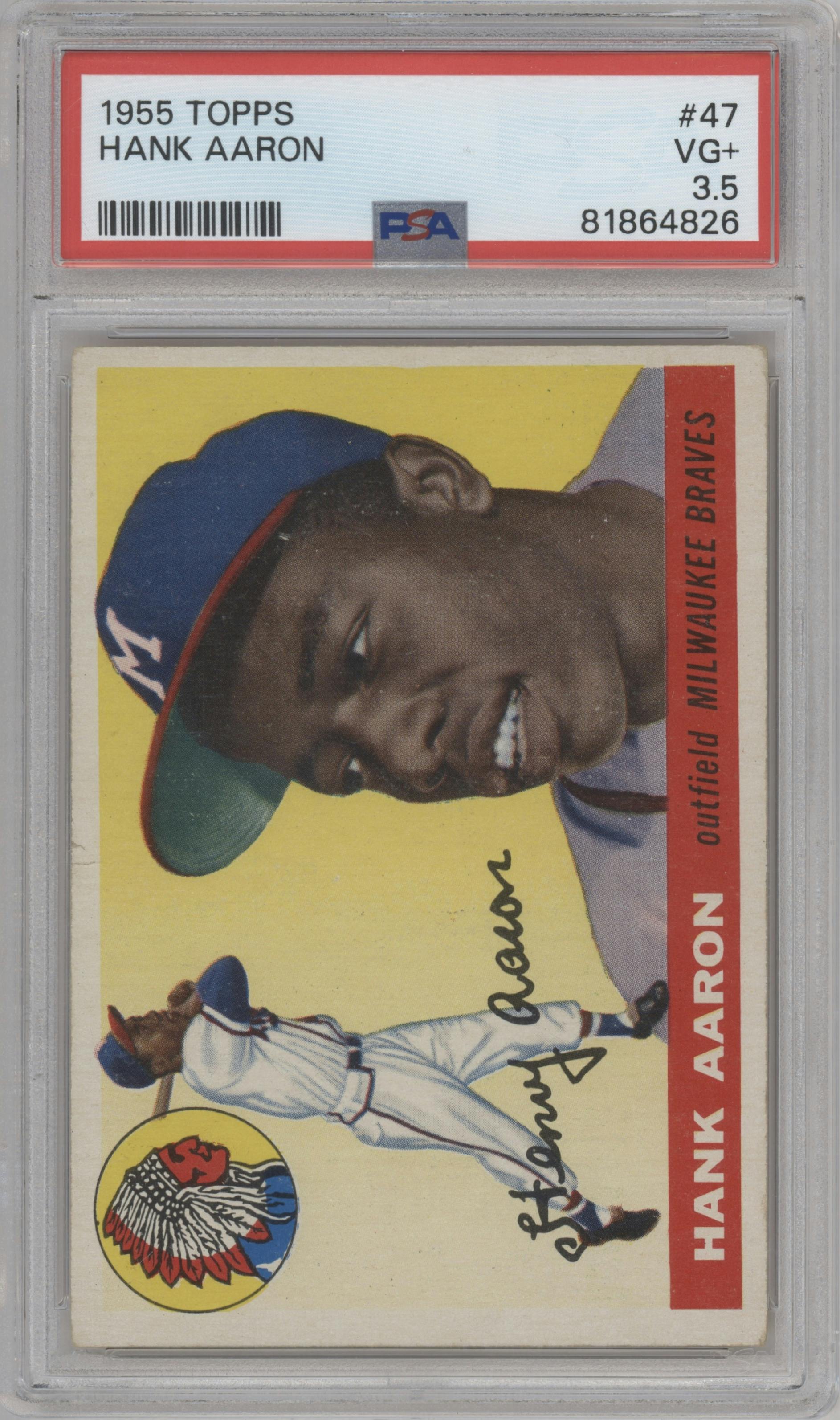 Hank Aaron from the 1955 Topps set graded by PSA and given an overall grade of 3.5.