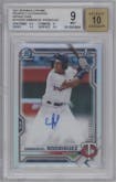 Emmanuel Rodriguez from the 2021 Bowman Chrome set featuring a Refractor parallel graded by Beckett and given an overall grade of 9.