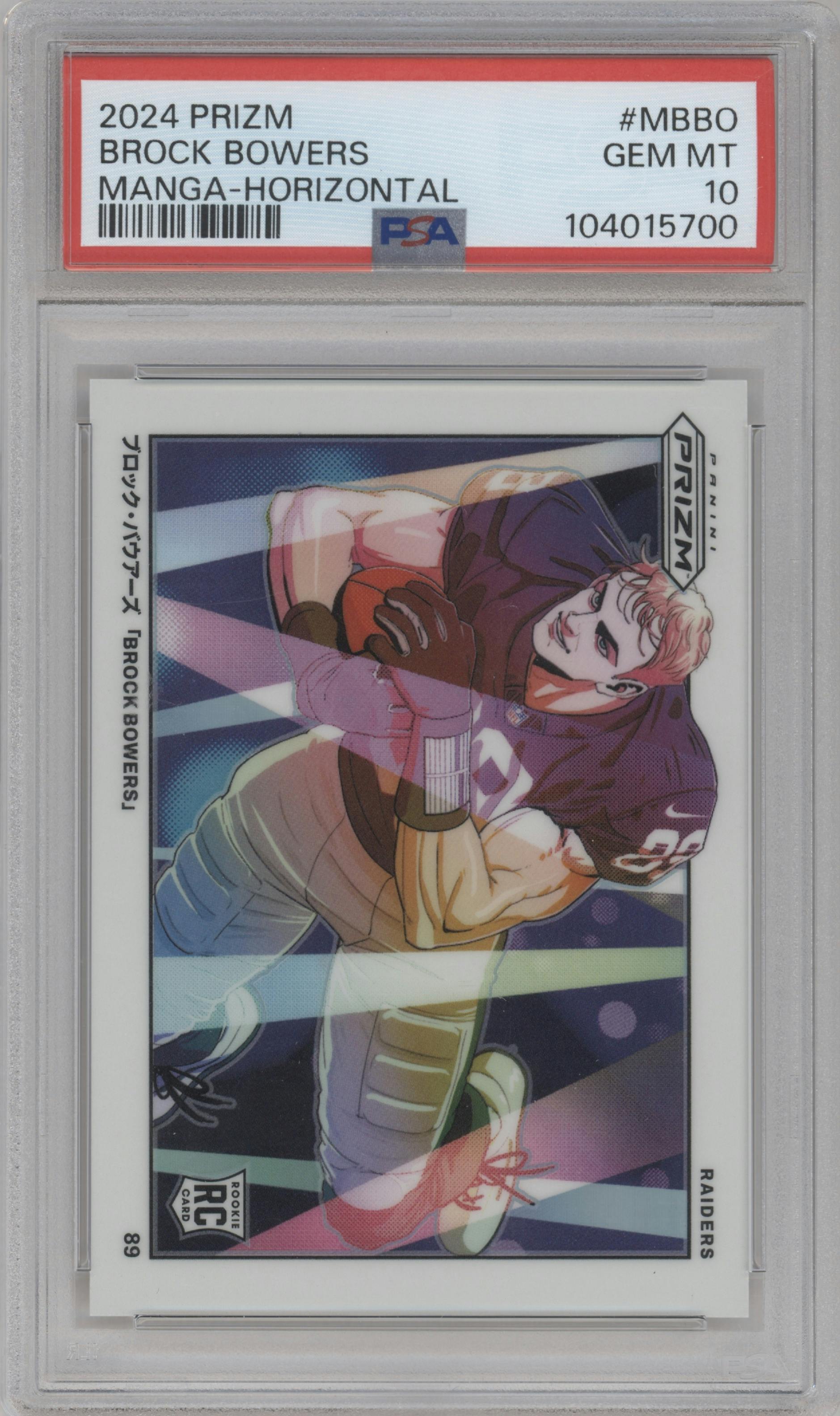 Brock Bowers from the 2024 Panini Prizm set graded by PSA and given an overall grade of 10.