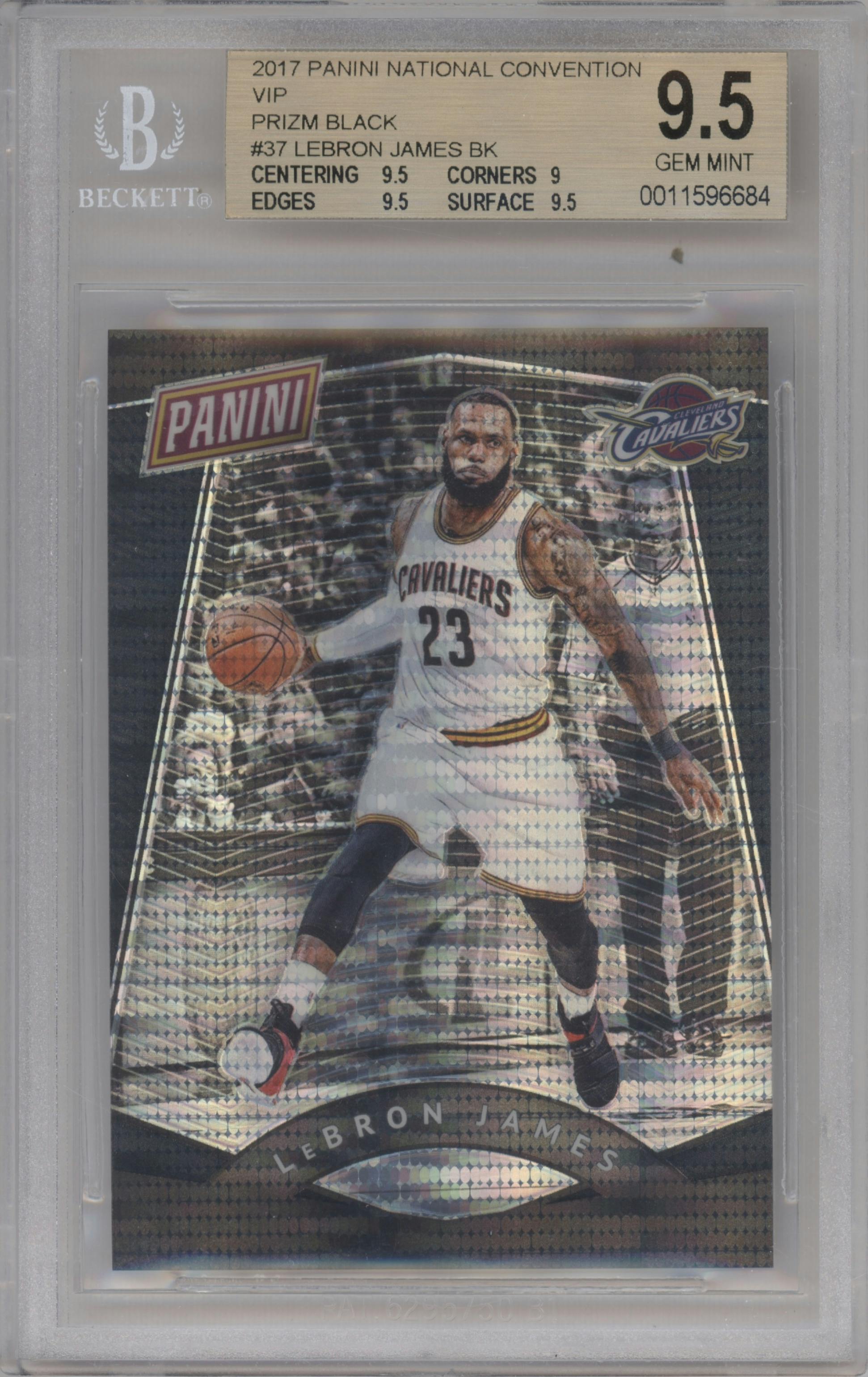 Lebron James from the 2017 Panini National Convention set featuring a Black Prizm parallel graded by Beckett and given an overall grade of 9.5.