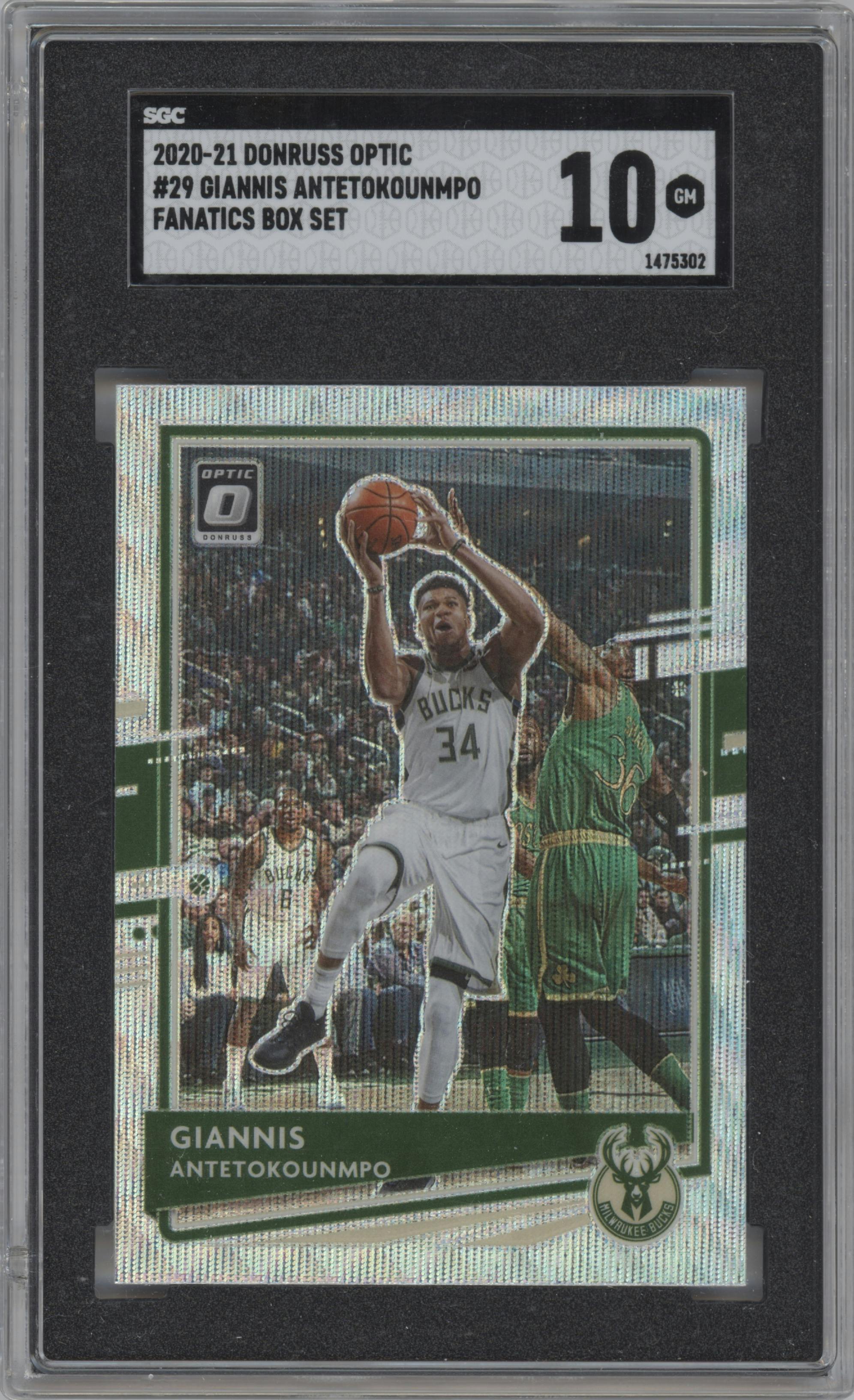 Giannis Antetokounmpo from the 2020-21 Panini Donruss Optic set featuring a Fanatics Box Set parallel graded by SGC and given an overall grade of 10.