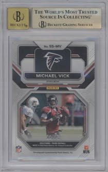 Michael Vick from the 2022 Panini Prizm set featuring a Green Scope  parallel graded by Beckett and given an overall grade of 9.5.