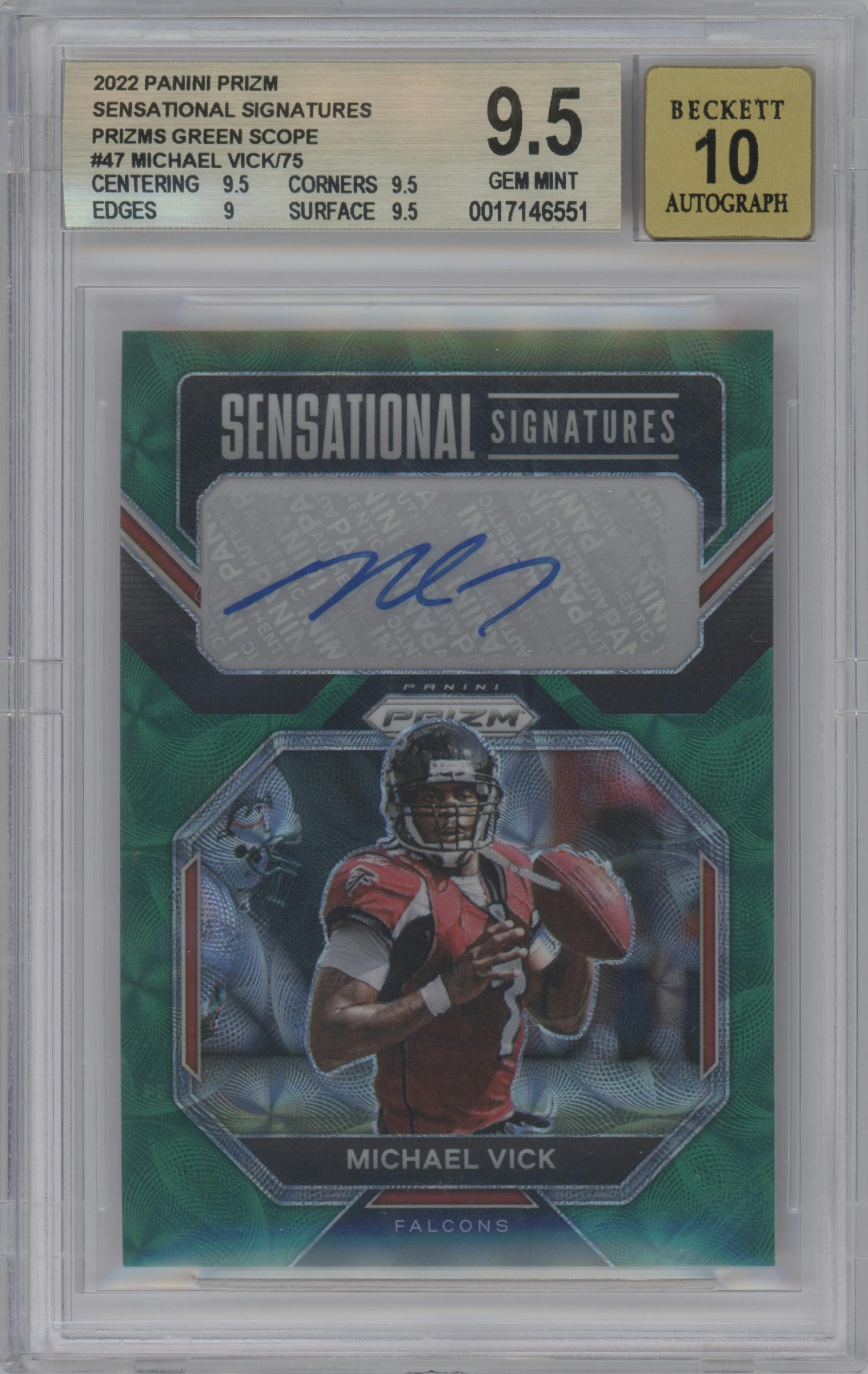 Michael Vick from the 2022 Panini Prizm set featuring a Green Scope  parallel graded by Beckett and given an overall grade of 9.5.