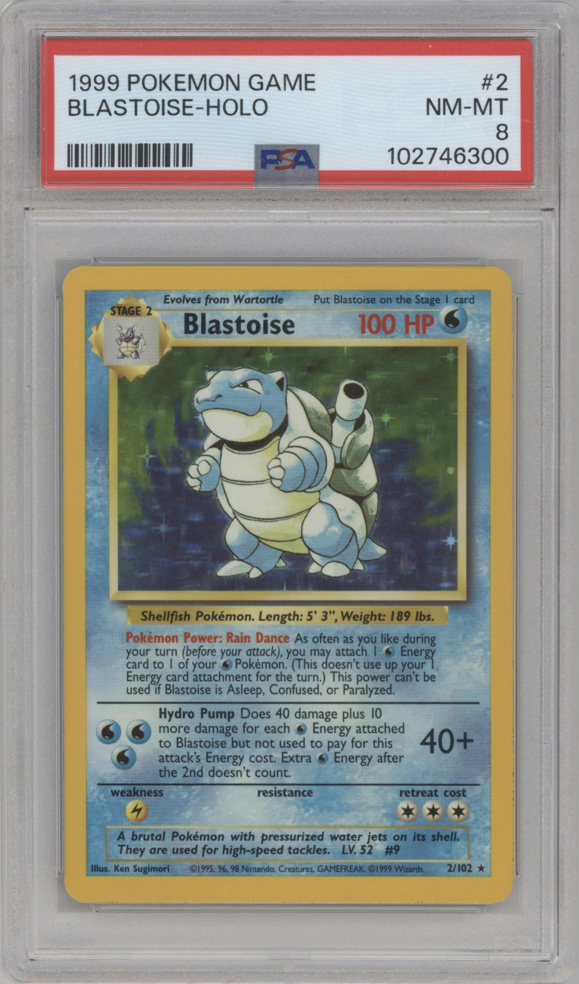 Blastoise from the 1999 Pokemon set graded by PSA and given an overall grade of 8.