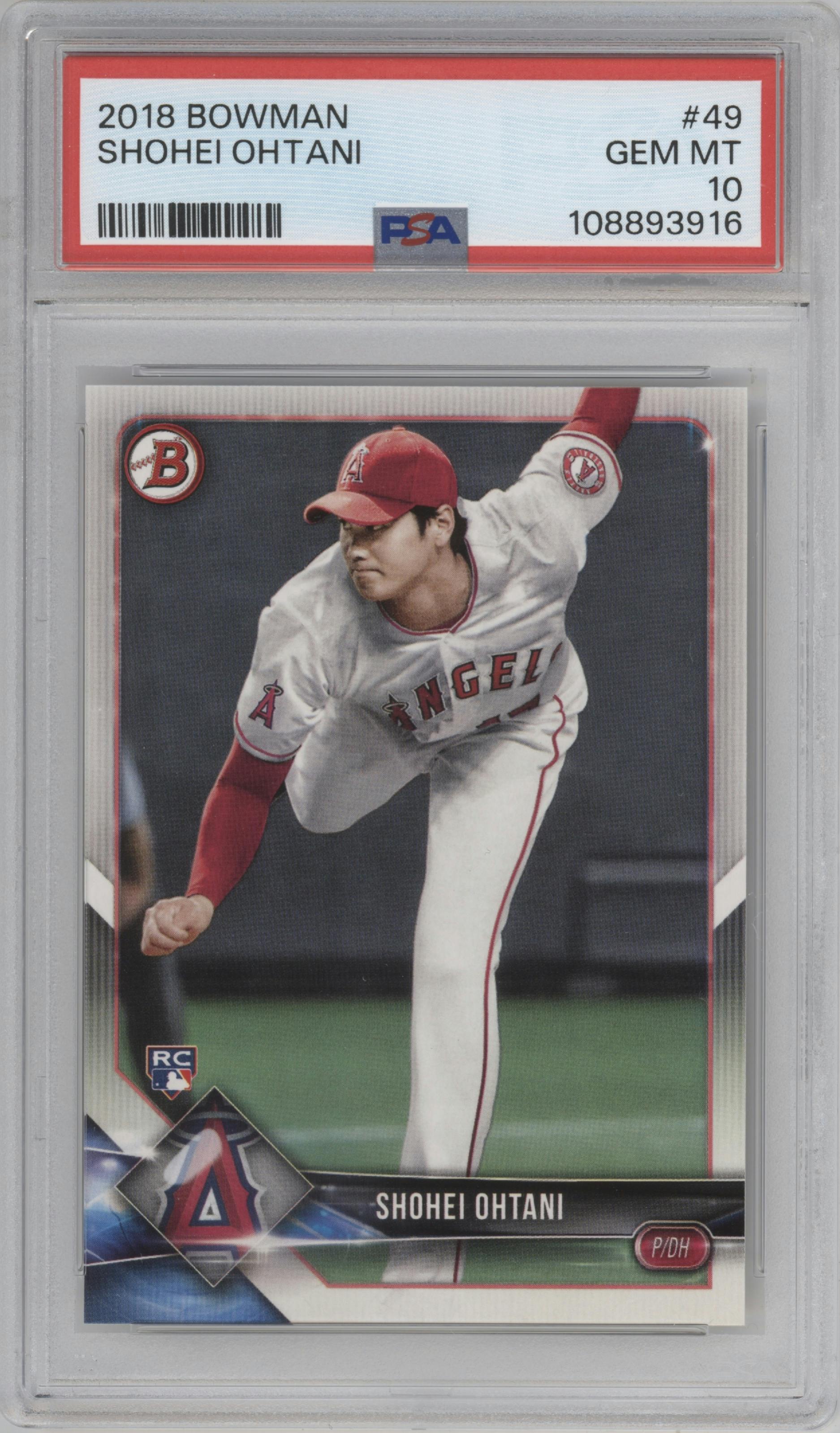Shohei Ohtani from the 2018 Bowman set graded by PSA and given an overall grade of 10.