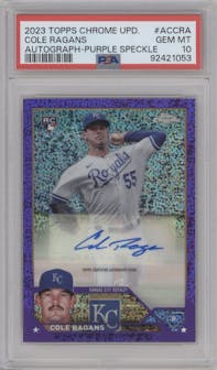 Cole Ragans from the 2023 Topps Chrome Update set featuring a Purple Speckle Refractor parallel graded by PSA and given an overall grade of 10.