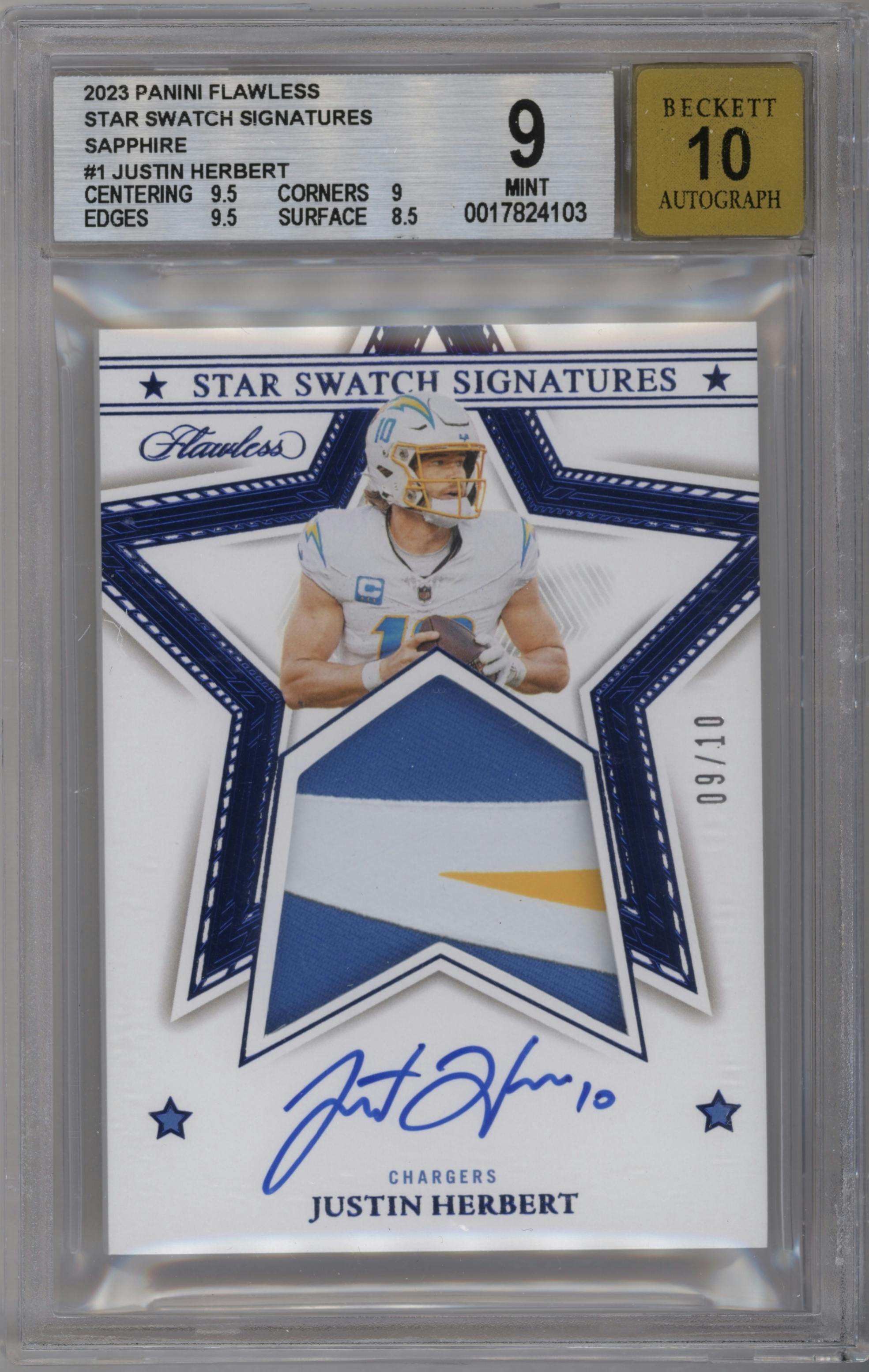 Justin Herbert from the 2023 Panini Flawless set featuring a Sapphire parallel graded by Beckett and given an overall grade of 9.