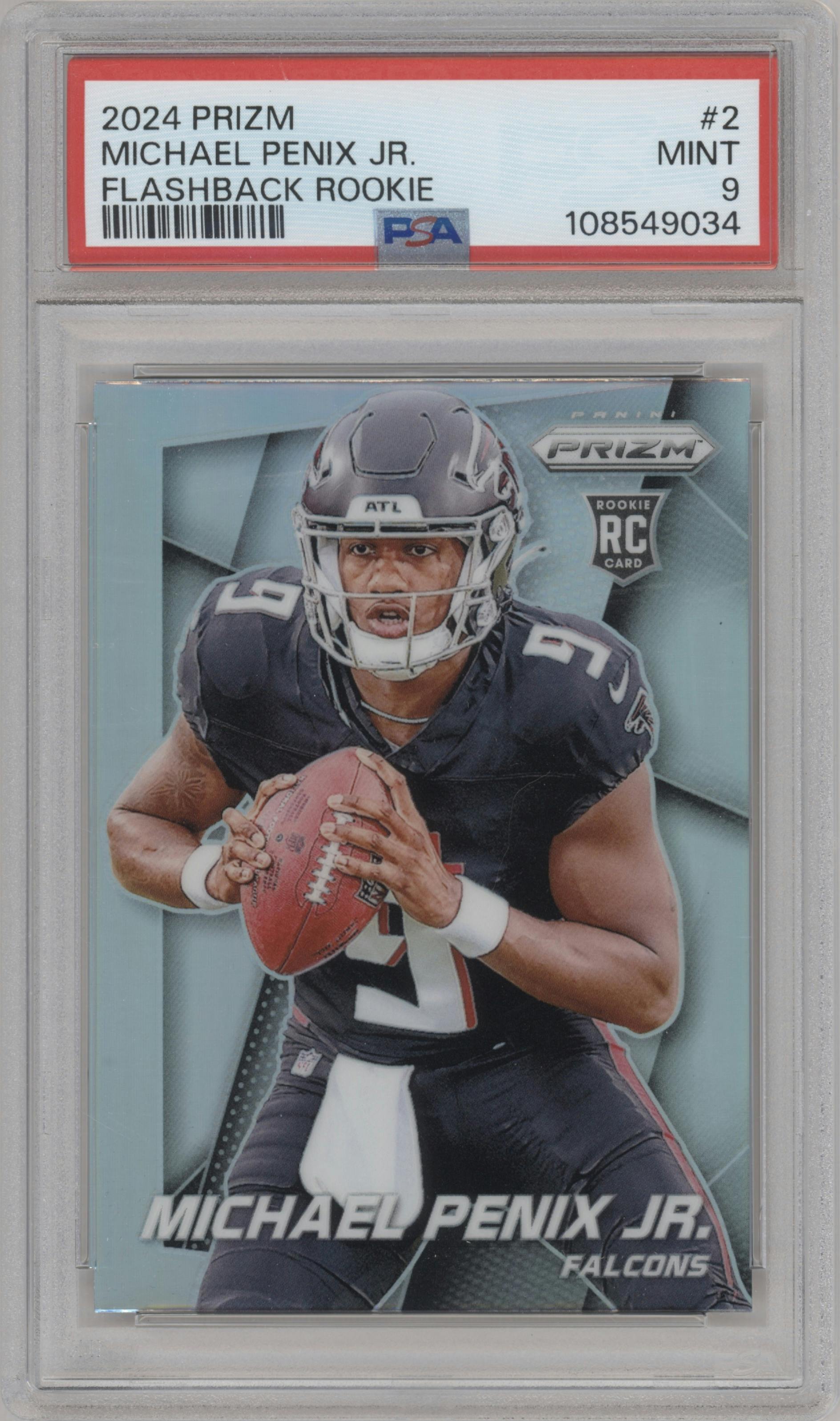 Michael Penix Jr. from the 2024 Panini Prizm set graded by PSA and given an overall grade of 9.