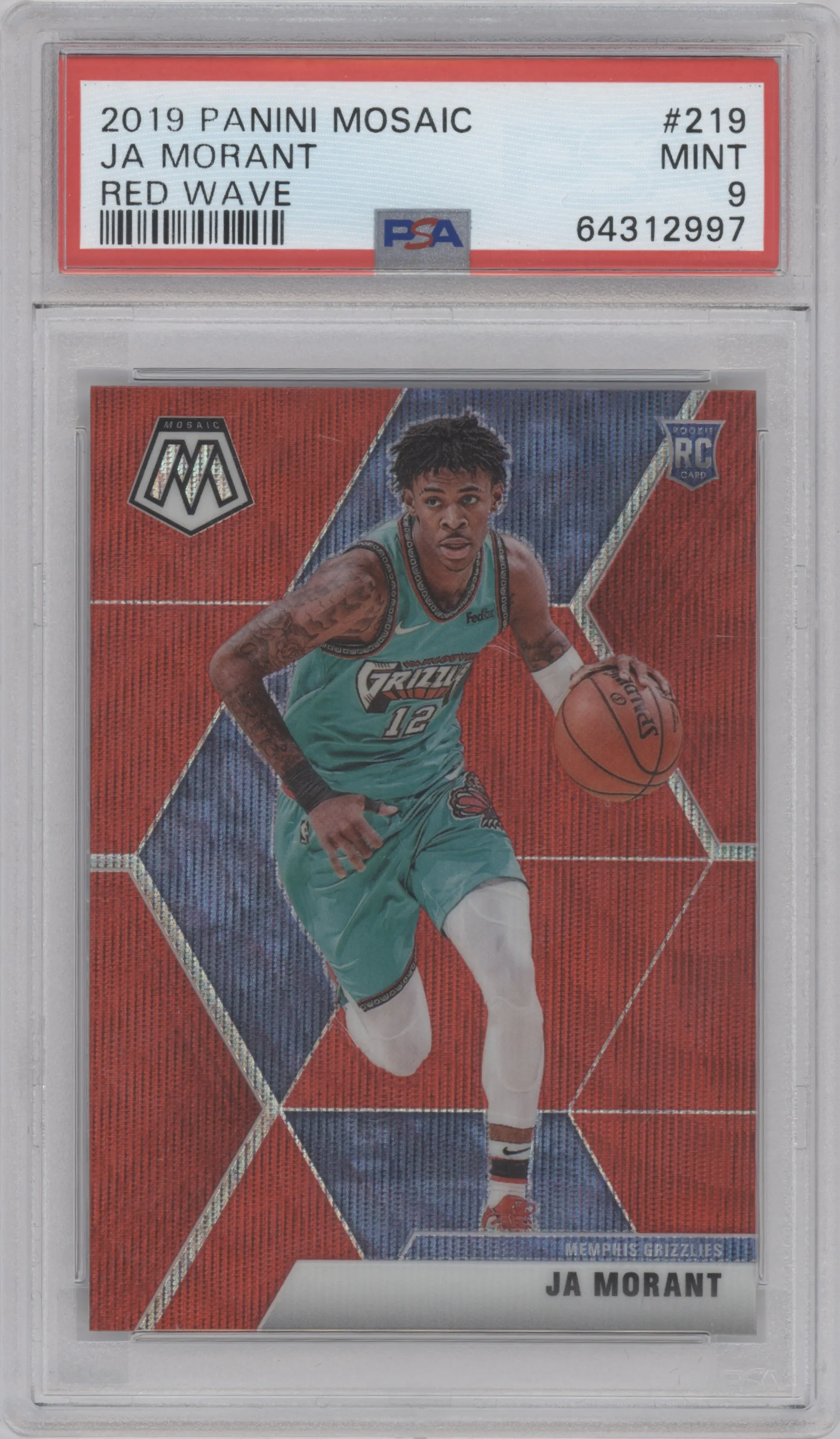 Ja Morant from the 2019-20 Panini Mosaic  set featuring a Red Wave parallel graded by PSA and given an overall grade of 9.