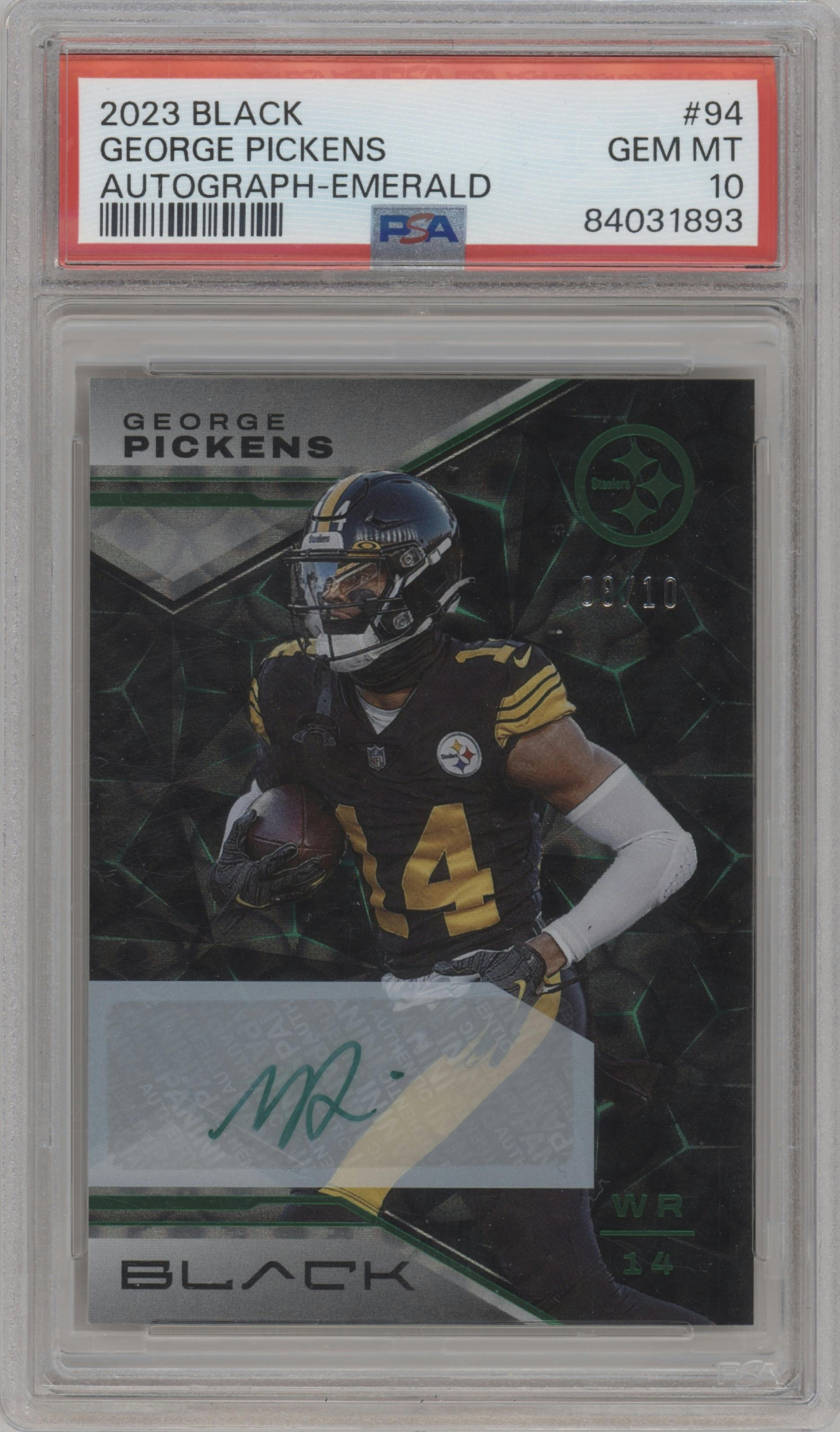 George Pickens from the 2023 Panini Black set featuring a Emerald parallel graded by PSA and given an overall grade of 10.
