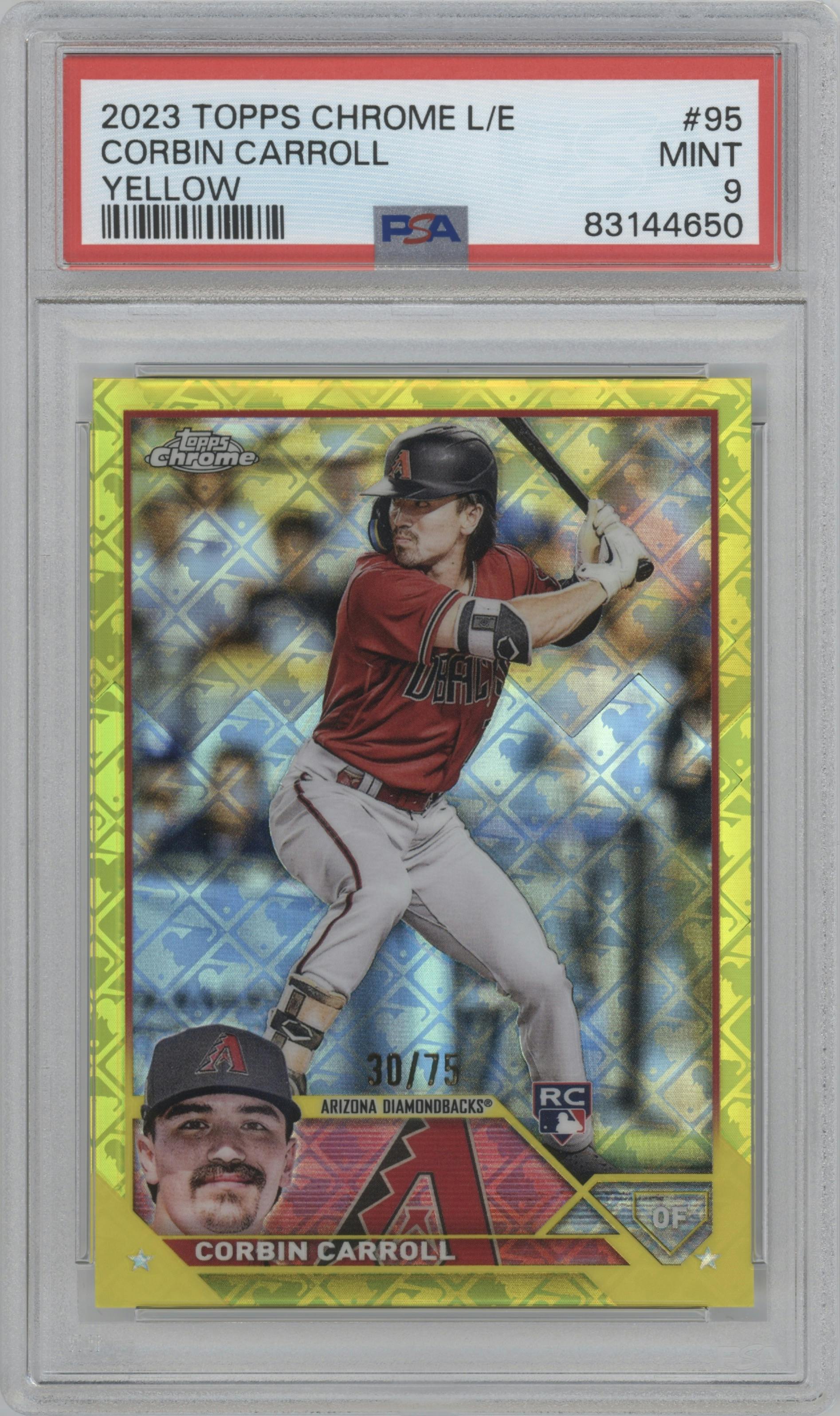 Corbin Carroll from the 2023 Topps Chrome Logofractor Edition set featuring a Yellow Refractor parallel graded by PSA and given an overall grade of 9.