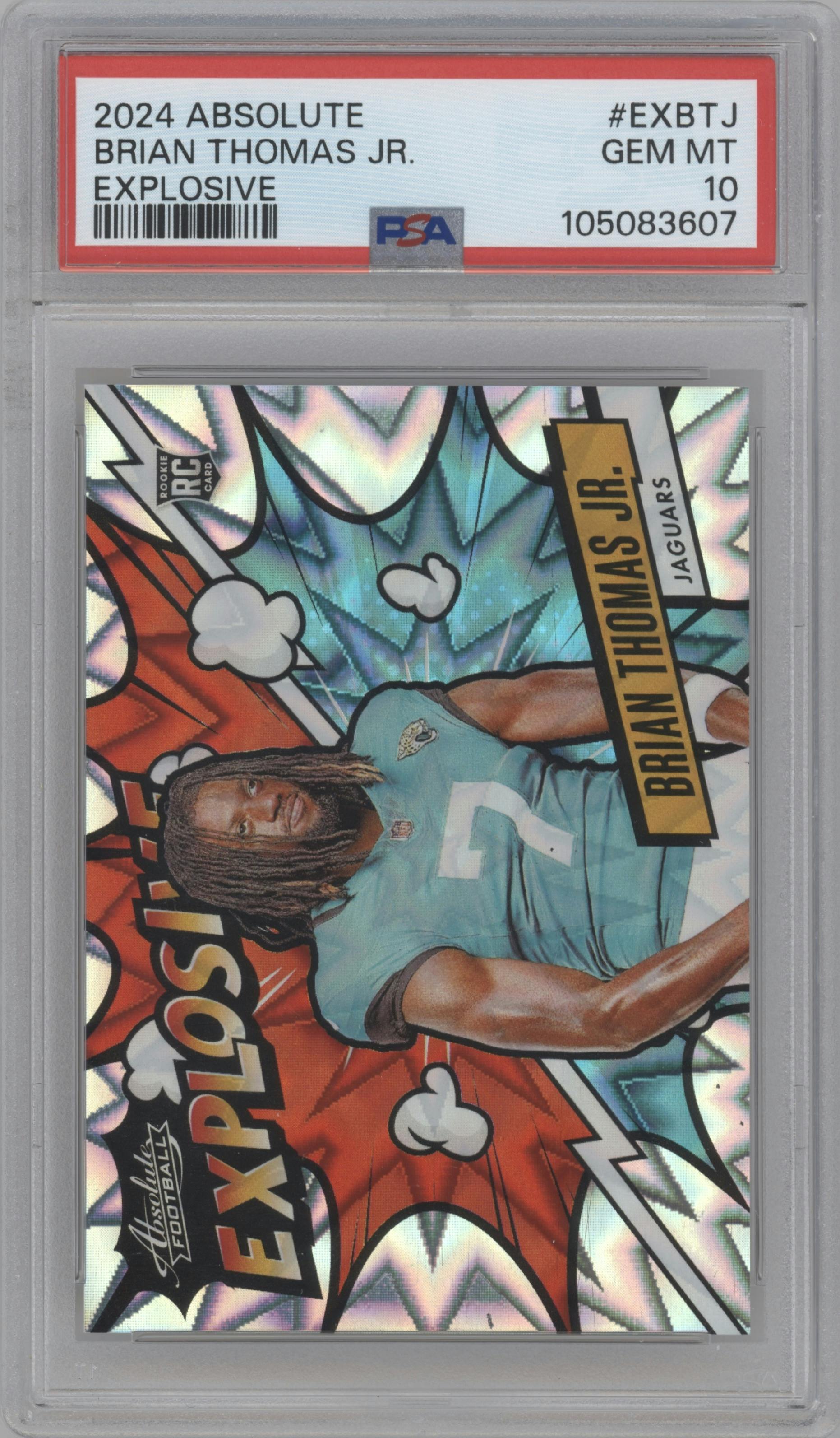 Brian Thomas Jr. from the 2024 Panini Absolute set graded by PSA and given an overall grade of 10.