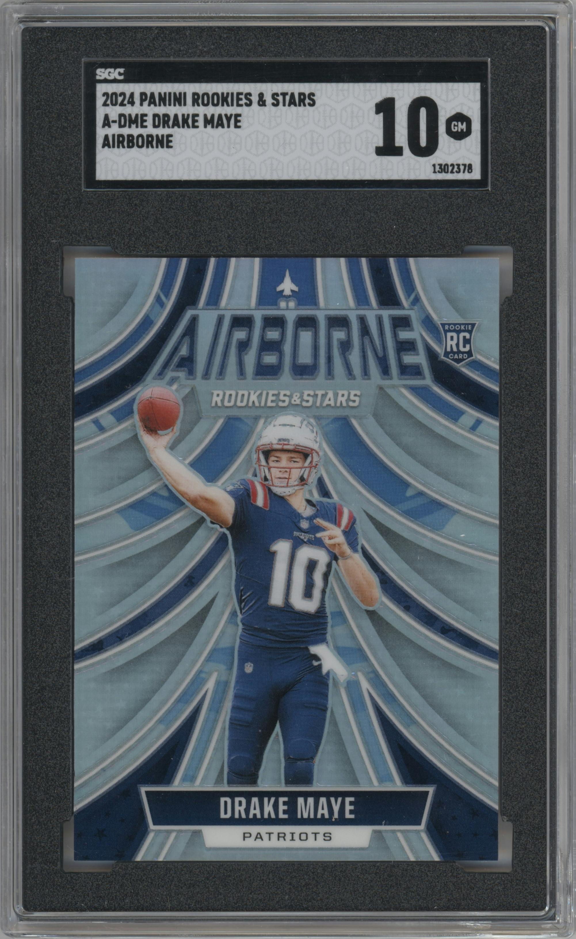 Drake Maye from the 2024 Panini Rookies & Stars set graded by SGC and given an overall grade of 10.