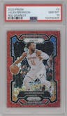Jalen Brunson from the 2023-24 Panini Prizm set featuring a Red Sparkle parallel graded by PSA and given an overall grade of 10.