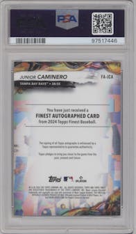 Junior Caminero from the 2024 Topps Finest set featuring a Sky Blue Refractor parallel graded by PSA and given an overall grade of 10.
