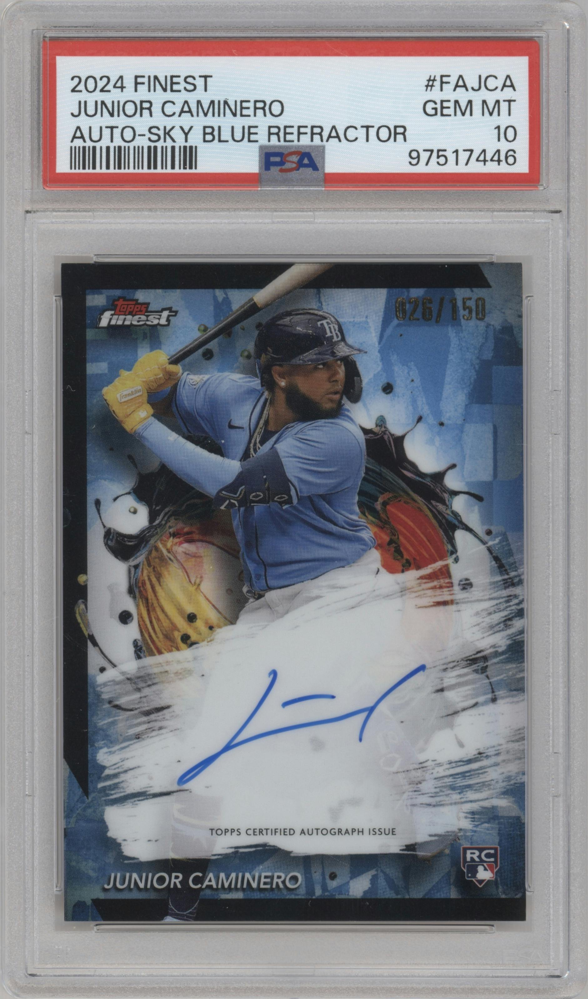 Junior Caminero from the 2024 Topps Finest set featuring a Sky Blue Refractor parallel graded by PSA and given an overall grade of 10.