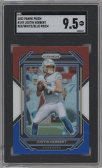 Justin Herbert from the 2022 Panini Prizm set featuring a Red/White/Blue Prizm parallel graded by SGC and given an overall grade of 9.5.
