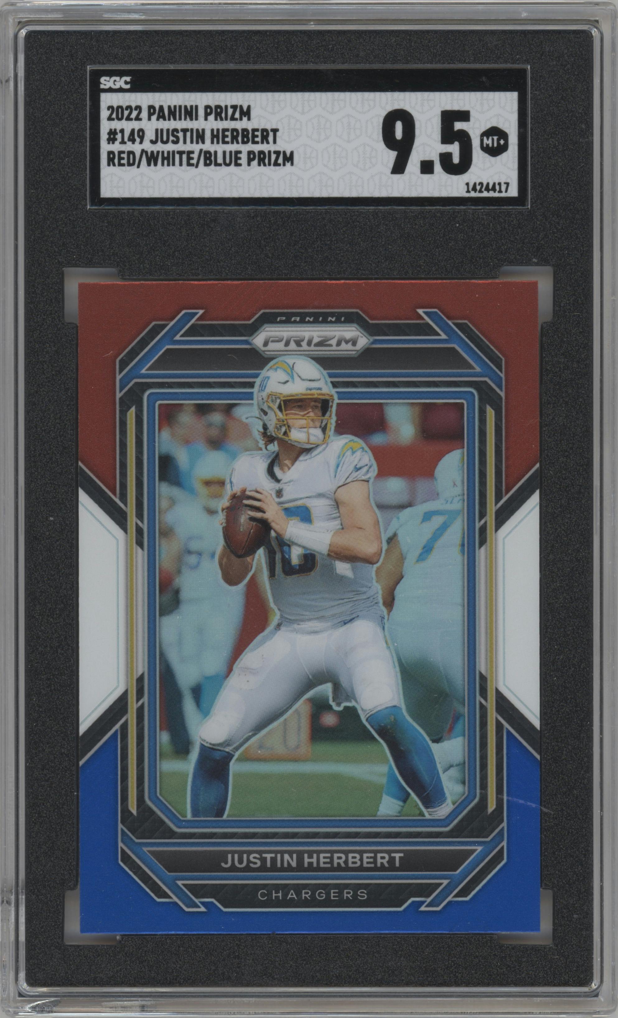 Justin Herbert from the 2022 Panini Prizm set featuring a Red/White/Blue Prizm parallel graded by SGC and given an overall grade of 9.5.