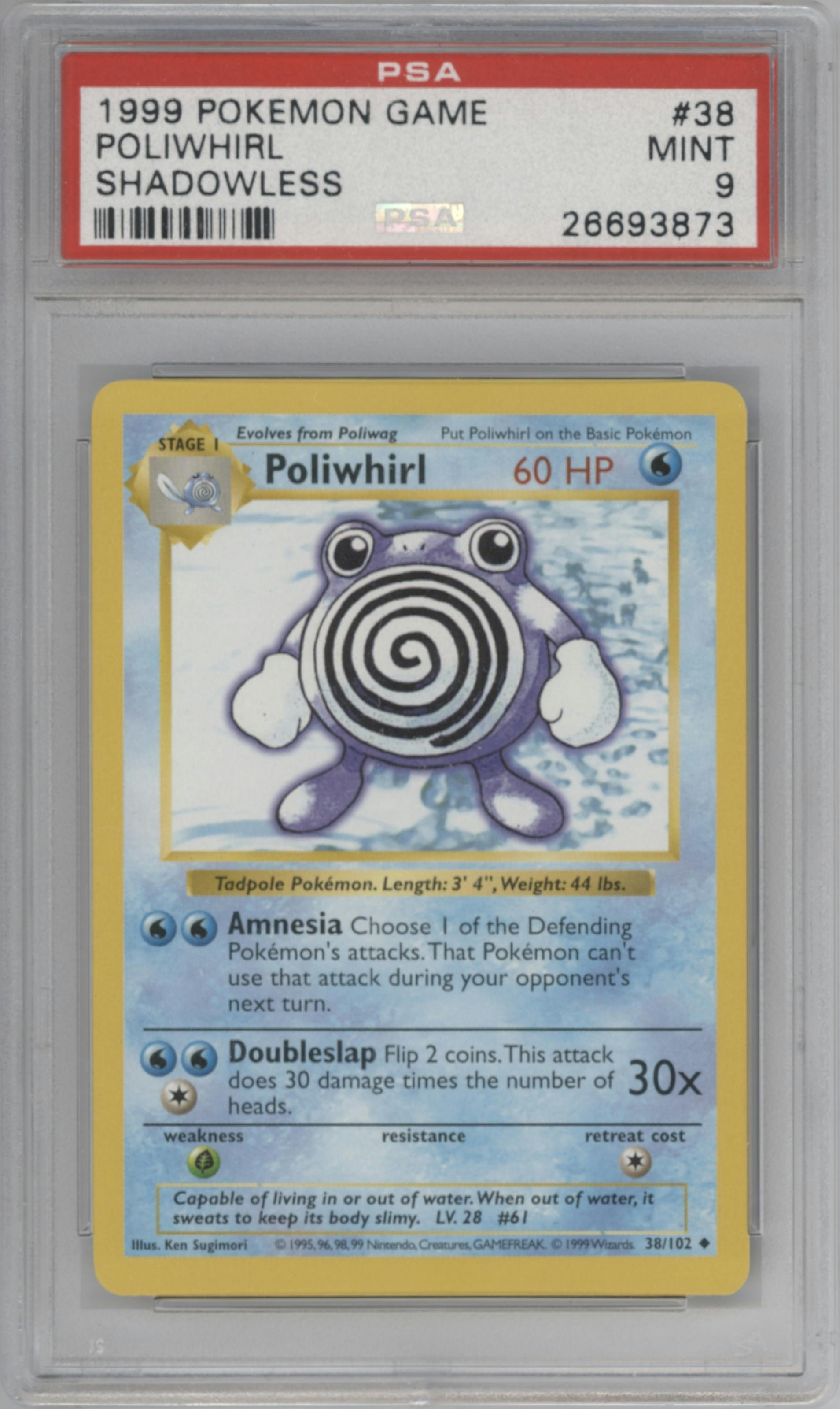 Poliwhirl from the 1999 Pokemon set graded by PSA and given an overall grade of 9.