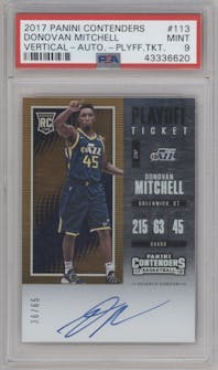 Donovan Mitchell from the 2017-18 Panini Contenders set featuring a Playoff Ticket  parallel graded by PSA and given an overall grade of 9.