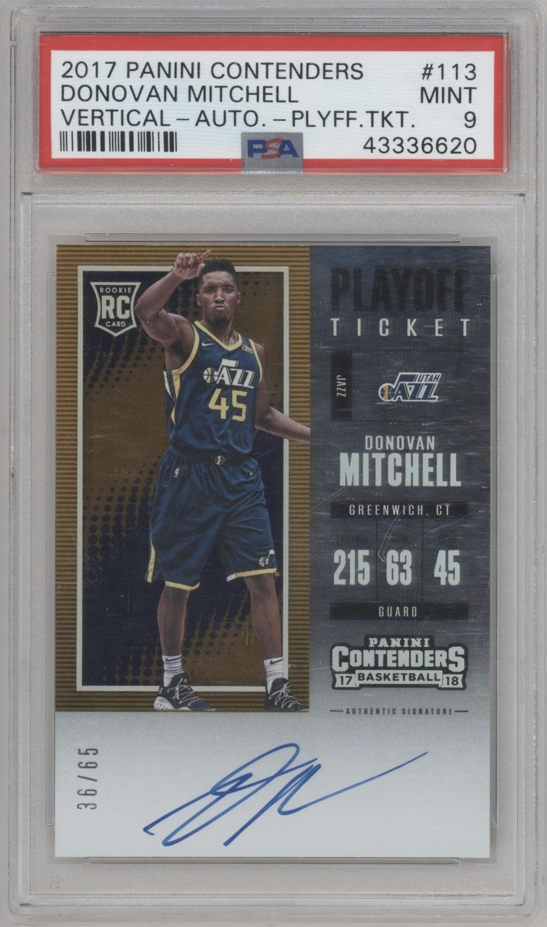 Donovan Mitchell from the 2017-18 Panini Contenders set featuring a Playoff Ticket  parallel graded by PSA and given an overall grade of 9.