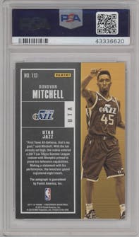 Donovan Mitchell from the 2017-18 Panini Contenders set featuring a Playoff Ticket  parallel graded by PSA and given an overall grade of 9.