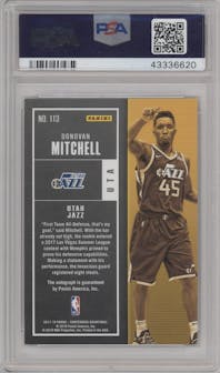 Donovan Mitchell from the 2017-18 Panini Contenders set featuring a Playoff Ticket  parallel graded by PSA and given an overall grade of 9.