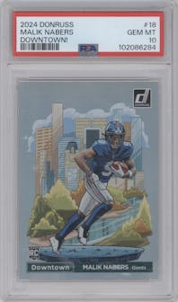 Malik Nabers  from the 2024 Donruss set graded by PSA and given an overall grade of 10.