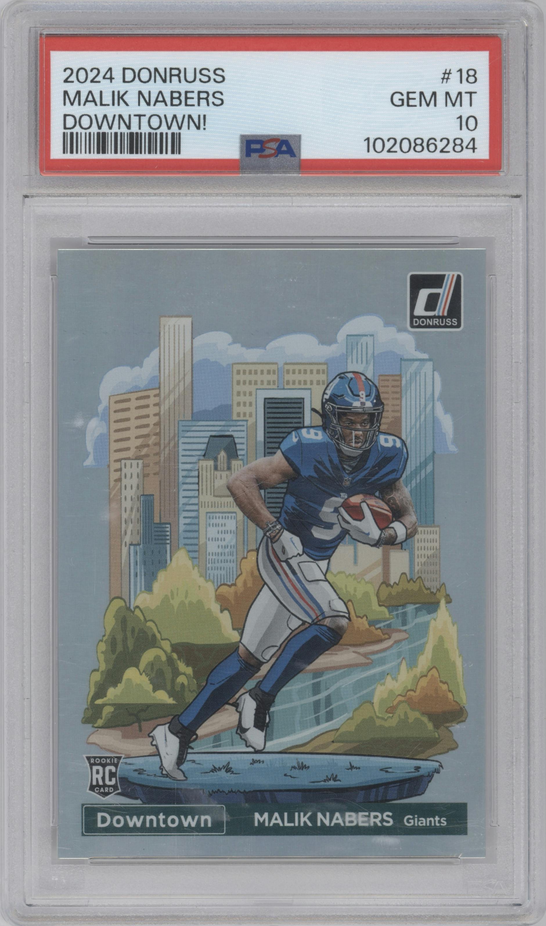 Malik Nabers  from the 2024 Donruss set graded by PSA and given an overall grade of 10.