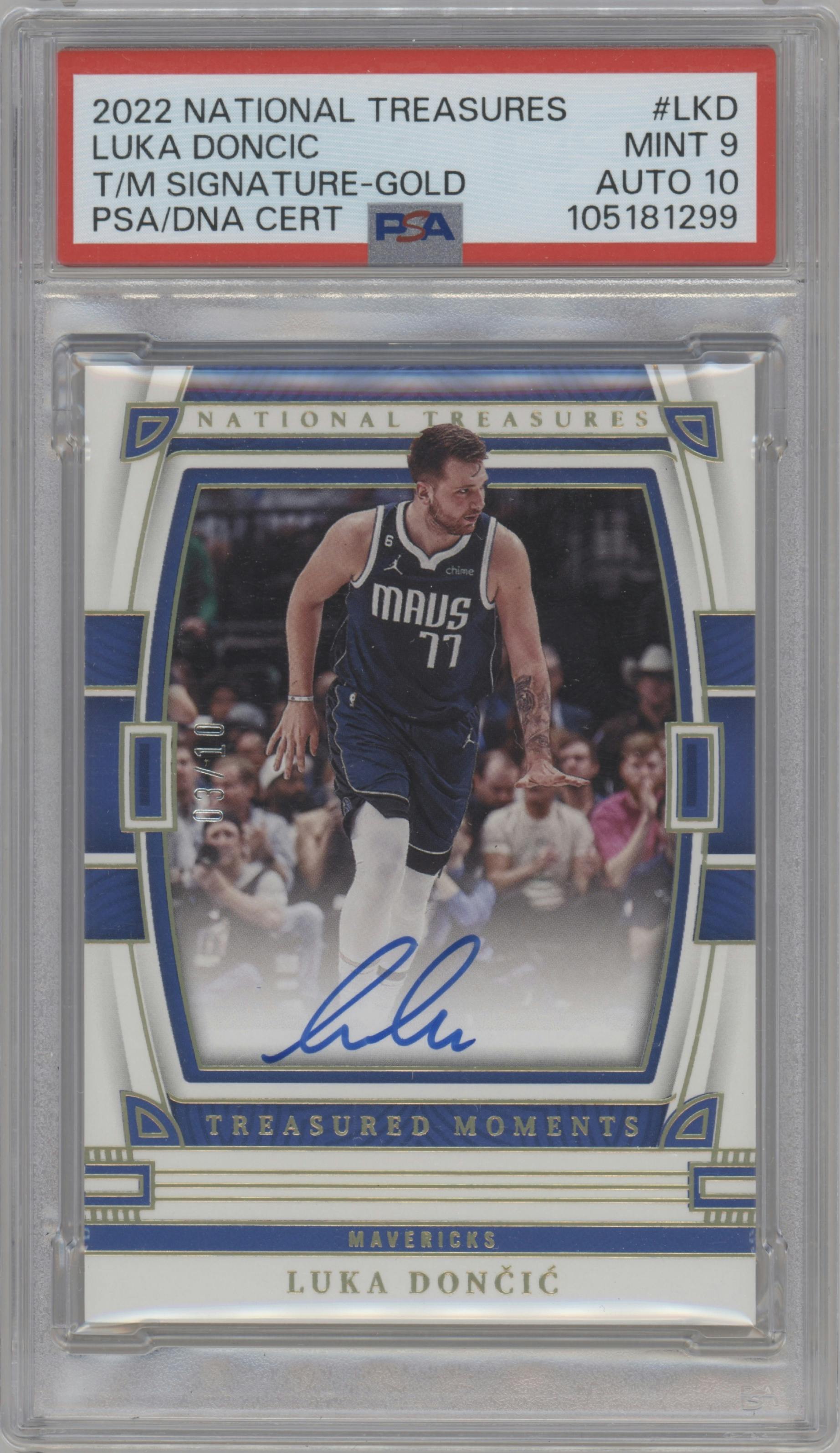 Luka Doncic from the 2022-23 Panini National Treasures set featuring a Gold parallel graded by PSA and given an overall grade of 9.